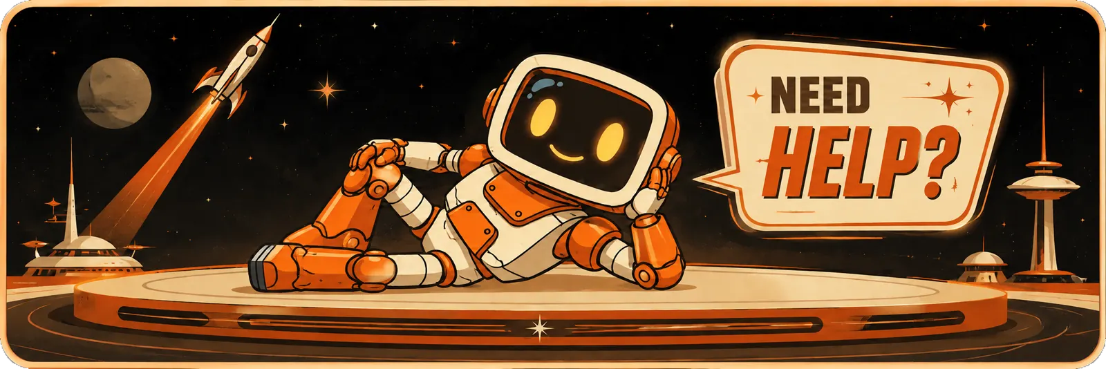 NEPTO reclining beside a Need Help sign in space